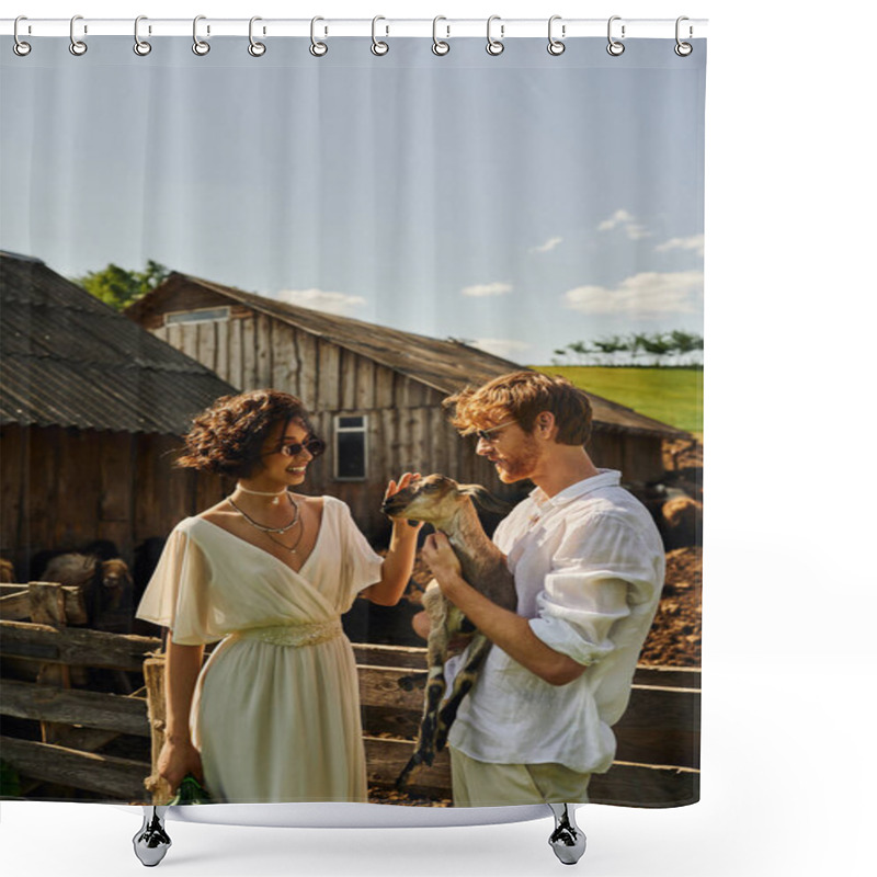 Personality  Happy Multiethnic Newlyweds In Wedding Gown And Sunglasses Cuddling Cute Baby Goat, Countryside Shower Curtains