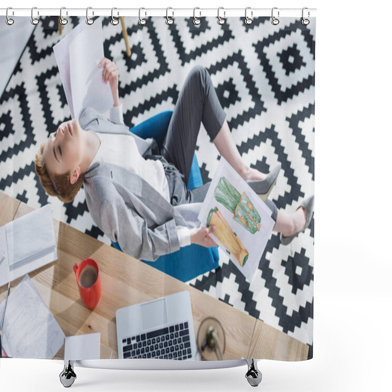 Personality  High Angle View Of Exchausted Fashion Designer With Sketches Sitting At Office Shower Curtains