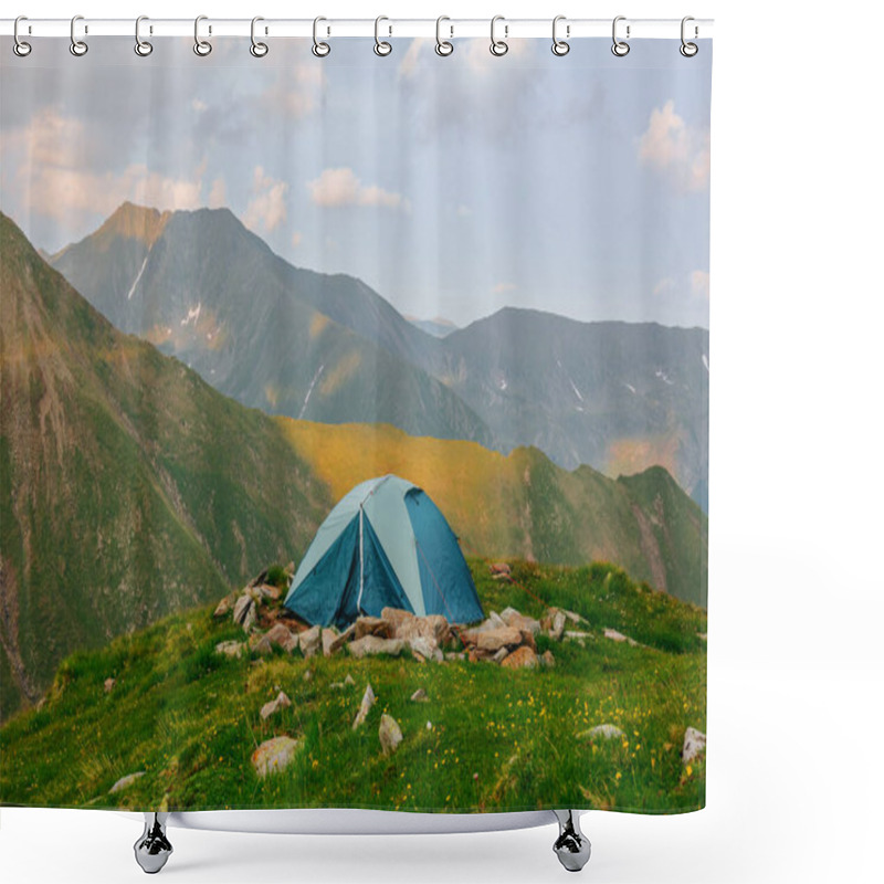 Personality  Tent On The Background Of The Mountains. Hiking Tent In The Mountains In Summer. Camping Above The Hills In The The With The Aerial View. Shower Curtains