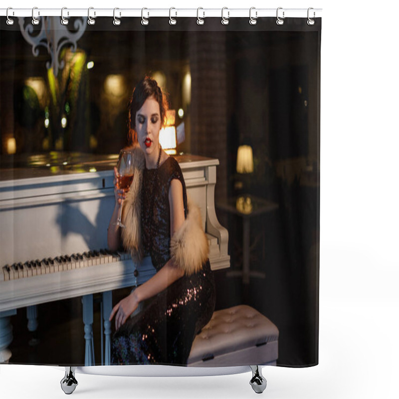 Personality  Portrait Of 20s Style Festive Beauty In A Restaurant. Young Beautiful Woman In Art-deco Style, In Black Dress In A Luxurious Interere Chicago 20s, The Era Of Gangsters. Singer At The White Piano Shower Curtains