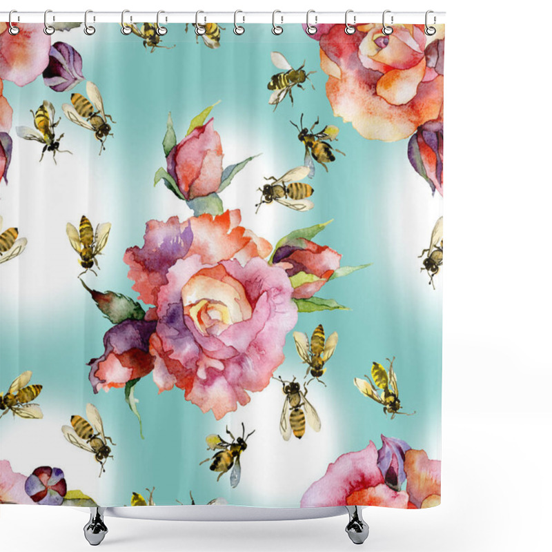 Personality  Beautiful, Red, Decorative, Garden Flowers Roses And Honey, Summer, Rustic, Wild, Insect Bees. Watercolor. Illustration Shower Curtains