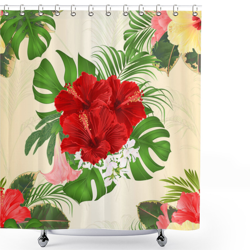 Personality  Seamless Texture Bouquet With Tropical Flowers Floral Arrangement, With Beautiful Pink And Yellow Hibiscus, Palm,philodendron  Ficus  Brugmansia  Vintage Vector Illustration  Editable Hand Draw  Shower Curtains