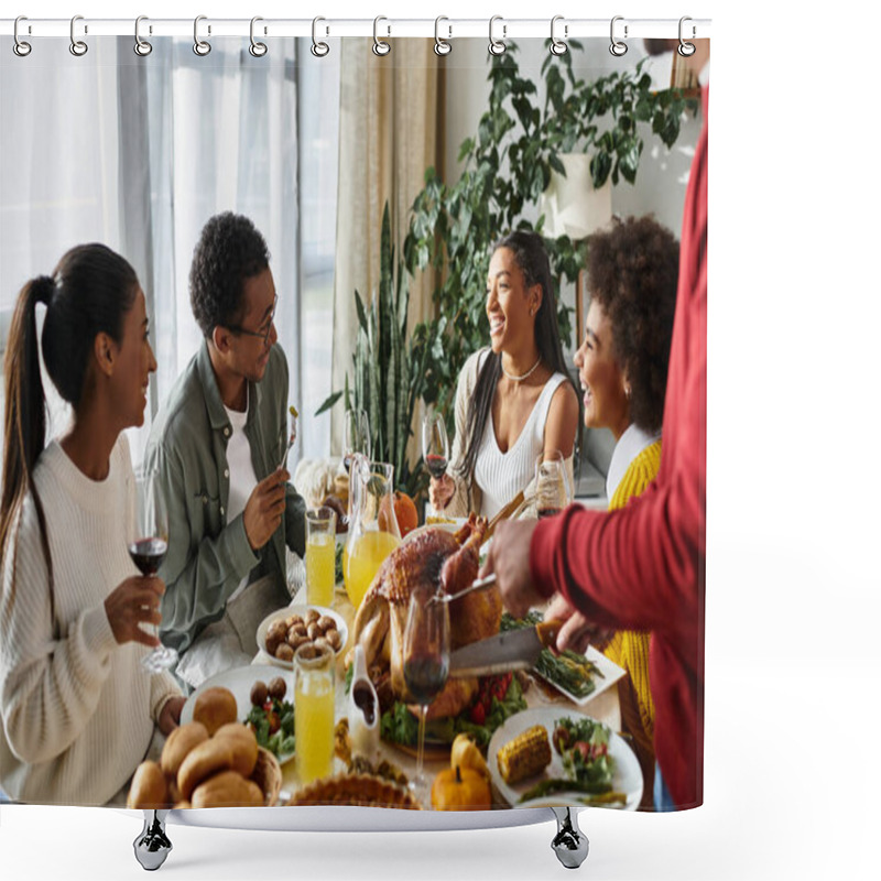 Personality  A Lively Group Of Friends Shares Laughter And Gratitude At A Festive Thanksgiving Meal. Shower Curtains