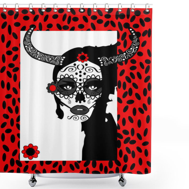 Personality  Day Of The Dead Girl With Red Flower And Horns Background Shower Curtains