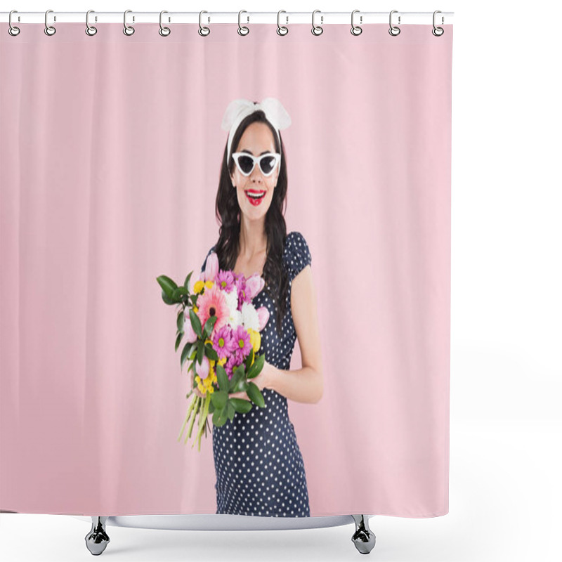 Personality  Charming Pregnant Woman In Sunglasses Holding Flower Bouquet Isolated On Pink Shower Curtains