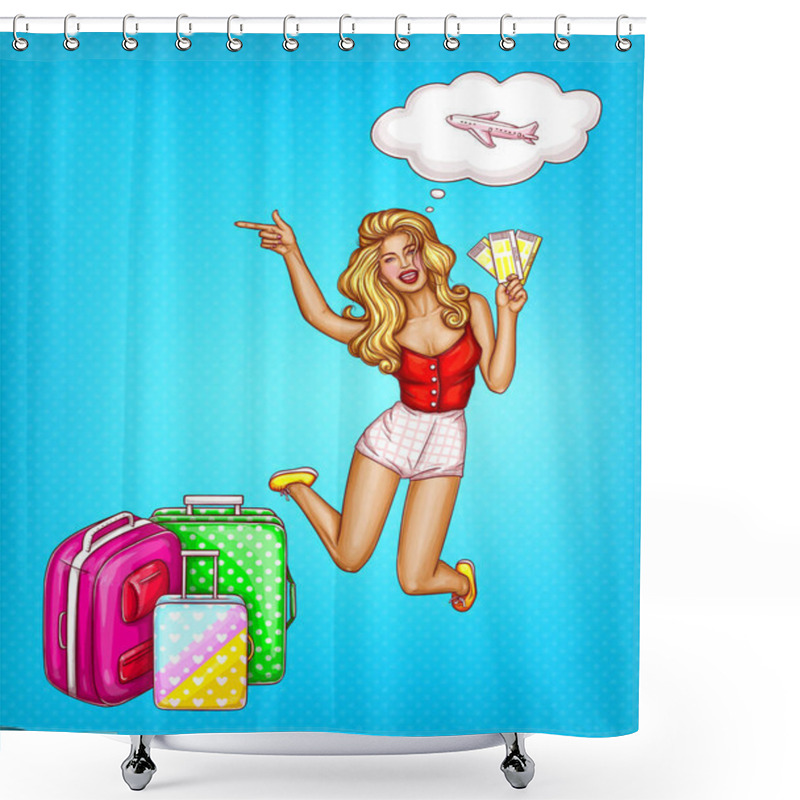 Personality  Vector Pop Art Girl With Tickets, Suitcases Shower Curtains