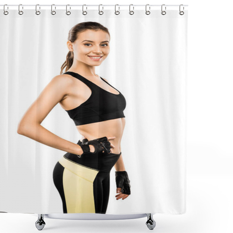 Personality  Attractive Fit Sportswoman In Weightlifting Gloves Looking At Camera Isolated On White Shower Curtains