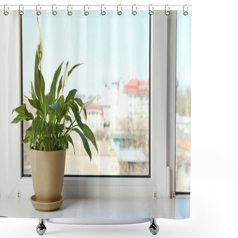 Personality  Pot With Peace Lily On Windowsill, Space For Text. House Plant Shower Curtains