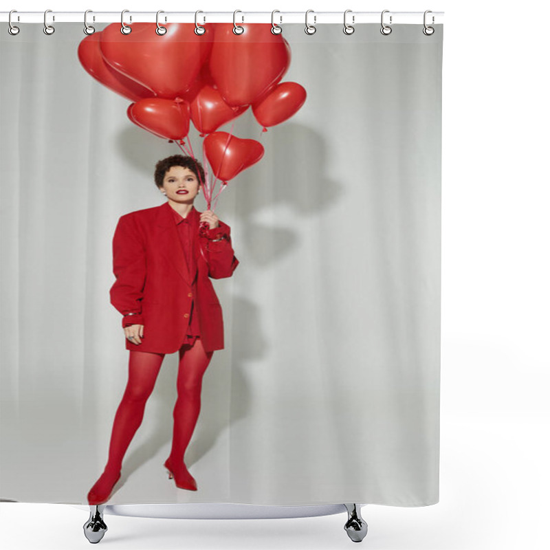 Personality  A Stylish Woman Confidently Poses With Bright Red Balloons, Flaunting Playful Fashion In A Studio. Shower Curtains