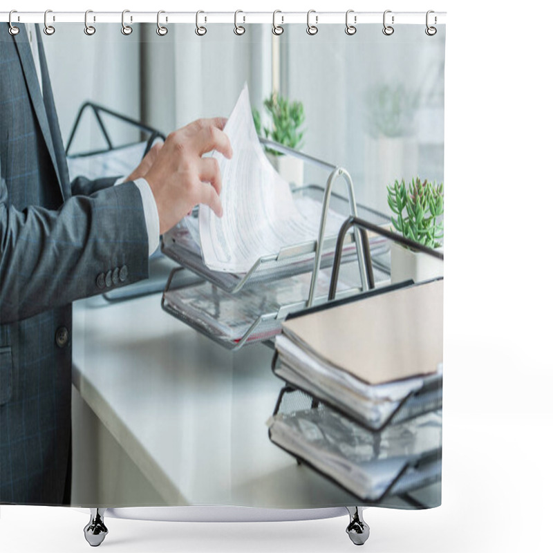 Personality  Cropped View Of Businessman Looking For Paper In Document Tray, While Standing Near Window Shower Curtains