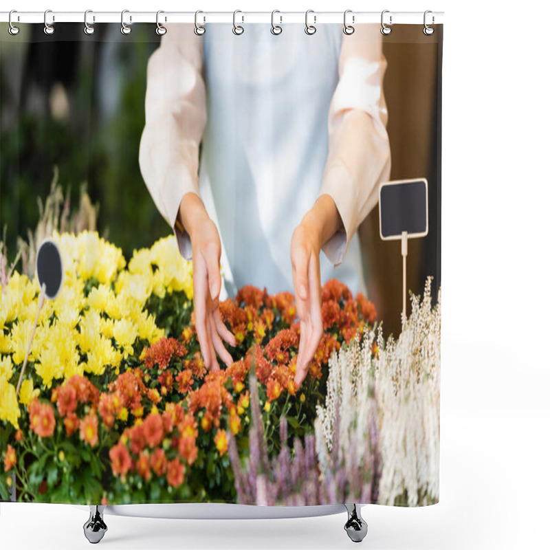 Personality  Cropped View Of Florist Caring About Flowers In Shop On Blurred Foreground Shower Curtains