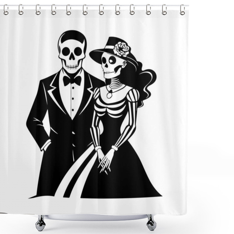 Personality  Silhouette Of A Stylized Skeleton Bride And Groom Illustration For Halloween Shower Curtains