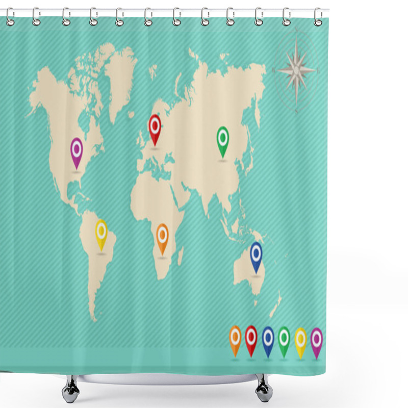 Personality  World Map, Geo Position Pins, Wind Rose EPS10 Vector File. Shower Curtains