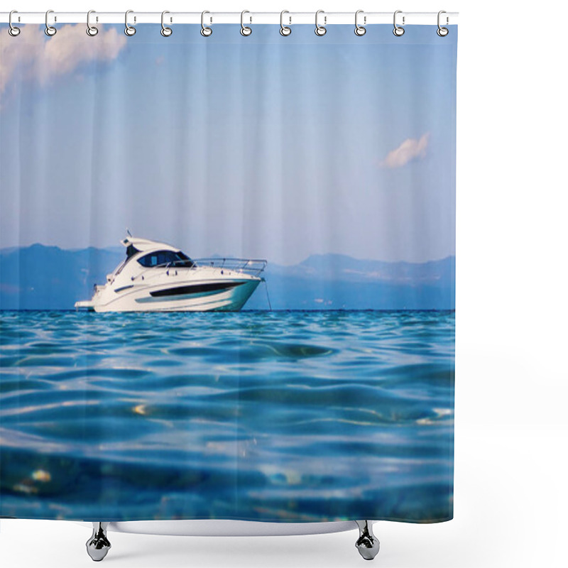 Personality  Motor Boat Floating On Clear Turquoise Water Shower Curtains