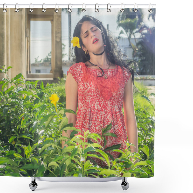 Personality  Girl With Black Hair, Green Eyes And Red Dress Shower Curtains