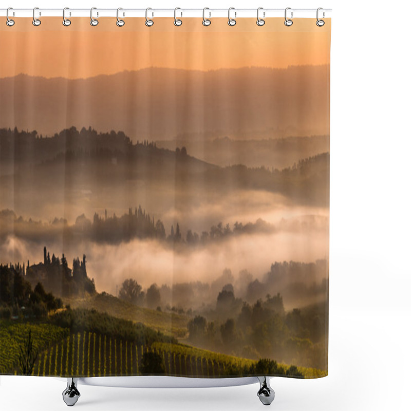 Personality  Tuscan Village Landscape On A Foggy Morning Shower Curtains