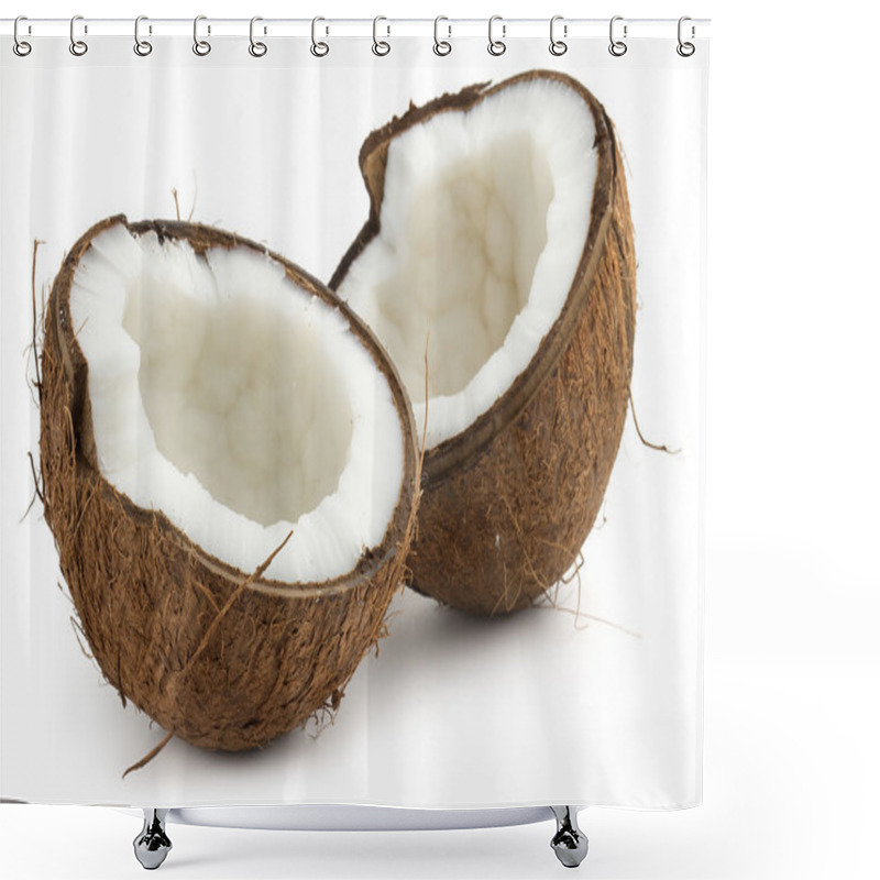 Personality  Coconut Cutted In Half On White Background Shower Curtains