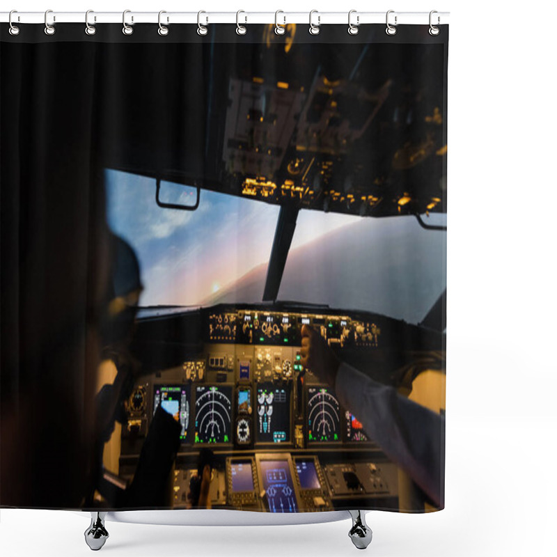 Personality  Partial View Of Professionals Piloting Airplane In Evening  Shower Curtains