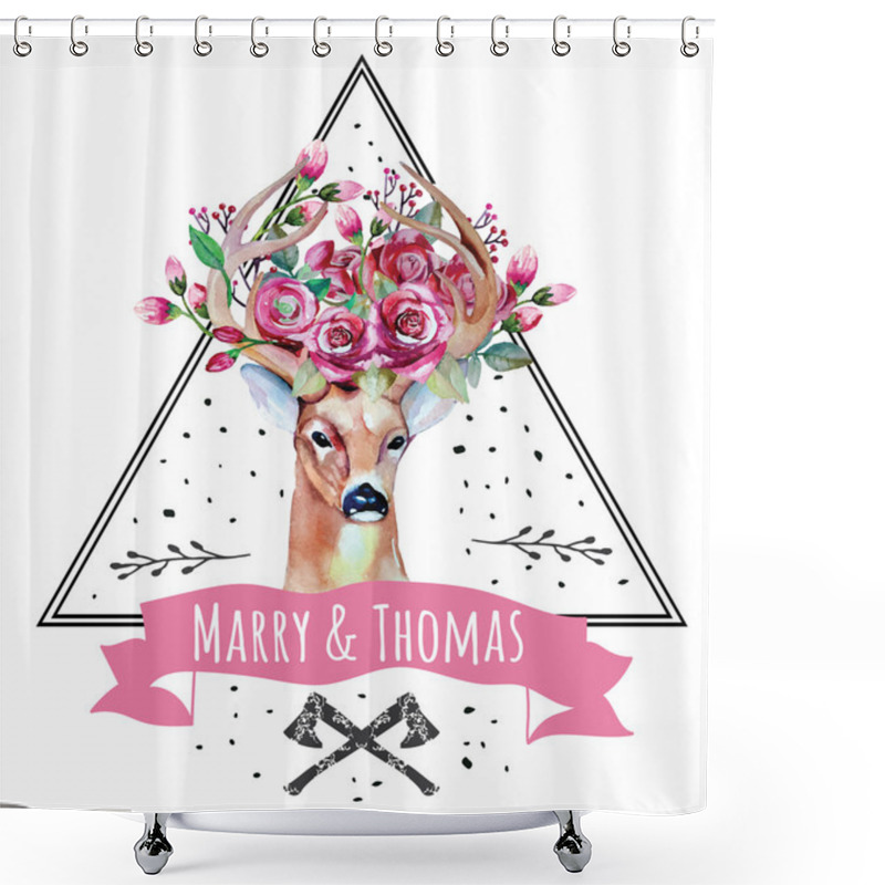 Personality  Card With Deer And Flowers Shower Curtains