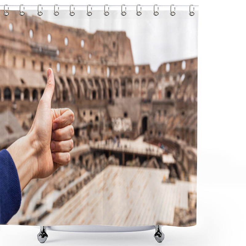 Personality  ROME, ITALY - JUNE 28, 2019: Partial View Of Man Showing Thumb Up In Front Of Colosseum Shower Curtains