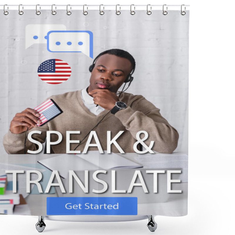 Personality  African American Interpreter With Digital Translator On Blurred Foreground, Speech Bubbles Near Speak And Translate Lettering And Get Started Icon Illustration Shower Curtains