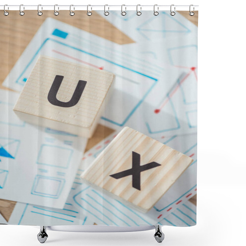 Personality  Top View Of Letter Ux On Wooden Cubes With Website Template Layouts On Table Shower Curtains