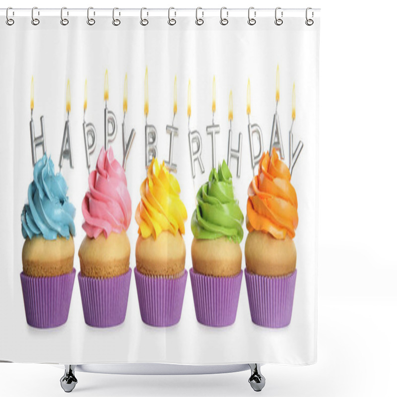 Personality  Birthday Cupcakes With Candles On White Background Shower Curtains