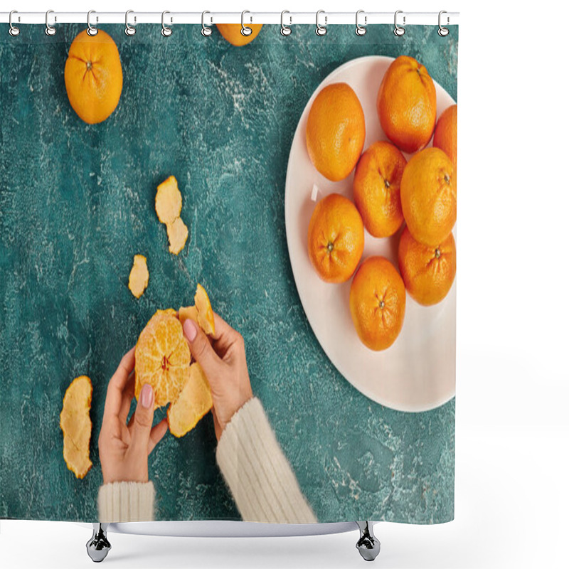 Personality  Partial View Of Woman Peeling Fresh Ripe Mandarin On Blue Textured Surface, Christmas Concept Shower Curtains