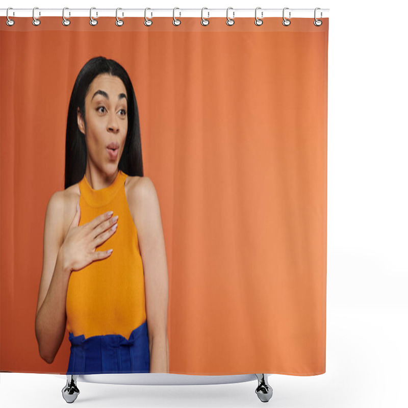 Personality  A Stunning Woman Showcases A Surprised Expression With A Hand On Her Chest. Shower Curtains