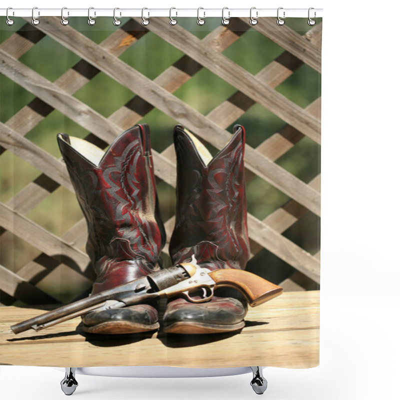 Personality  Cowboy Boots. Western Wear. Cowboy Boots, Cowboy Hat And Six Shooter Pistol. A Pair Of Red Leather Western Boots With A Golden Straw Hat. Rustic Western Image Of Cowboy Boots, Cowboy Hat, And Gun. Decorative Cowboy Boots. Cowboy Boots And Hat. Shower Curtains