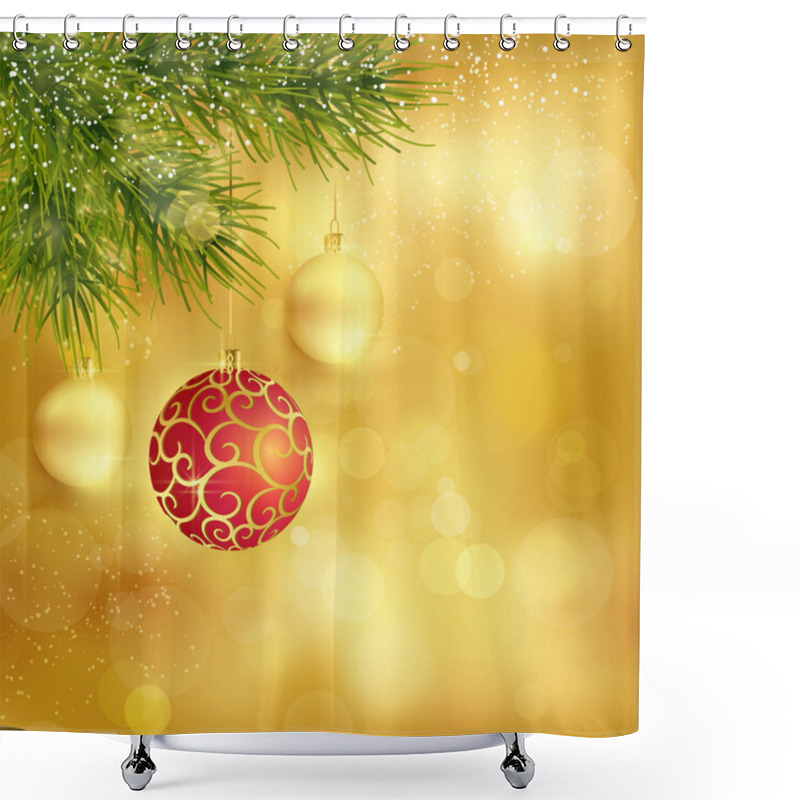 Personality  Golden Christmas Background With Baubles And Fir Twigs Shower Curtains