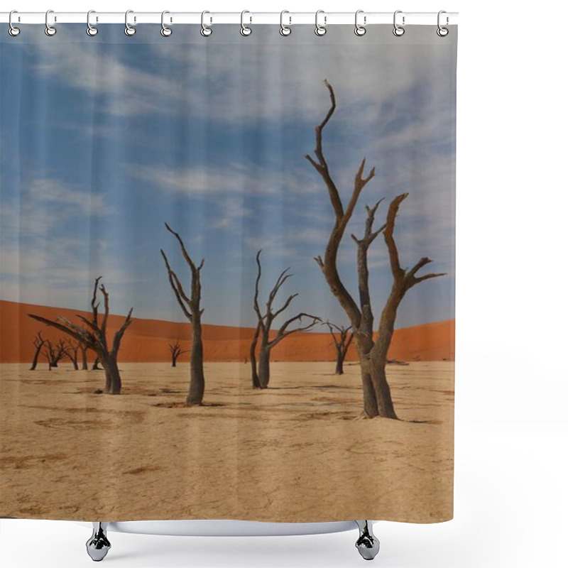 Personality  Deadvlei, A Vast Desert Landscape In Sossusvlei, Namibia, Featuring A White Clay Pan Surrounded By Towering Red Sand Dunes And Scattered Dead Camelthorn Trees Under A Blue Sky Shower Curtains