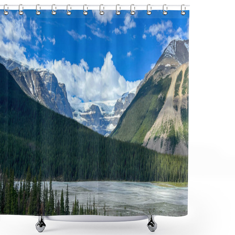 Personality  The Scenic View Of The Athabasca River And Surrounding Mountains In Jasper National Park In Canada On A Beautiful Day. Shower Curtains