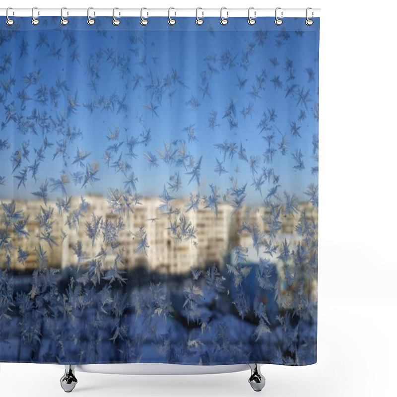 Personality  Snowflakes On Window Frost On Glass City View Background Blue Sky Brightly Lit Houses Yellow Light New Year Christmas Frosty Natural Pattern On Winter Window Ice Pattern With Sunlight Winter Panorama Shower Curtains