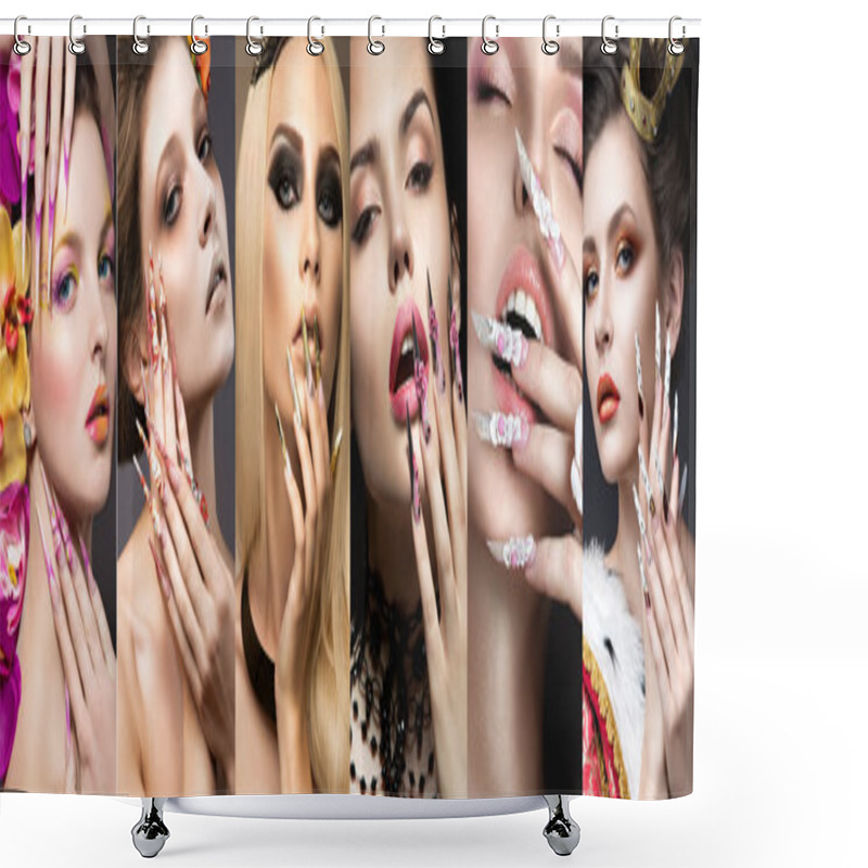 Personality  Nail Art Collection. Beauty Face. Beautiful Girls Modeli.  Collage. Shower Curtains