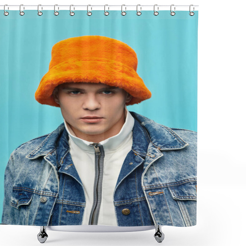 Personality  Handsome Young Man Showcases A Stylish Orange Hat, Dressed In Denim, Against A Bright Blue Backdrop. Shower Curtains