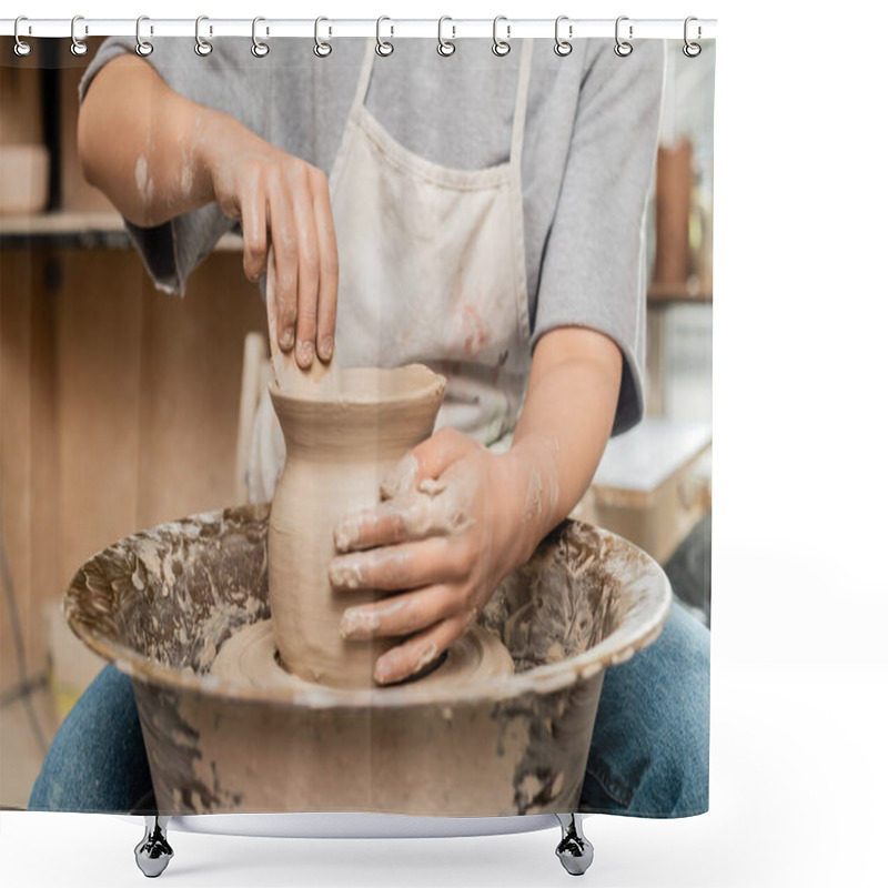 Personality  Cropped View Of Young Female Artisan In Apron Making Shave Of Clay Vase With Wooden Tool While Working With Spinning Pottery Wheel In Ceramic Workshop, Clay Shaping And Forming Process Shower Curtains