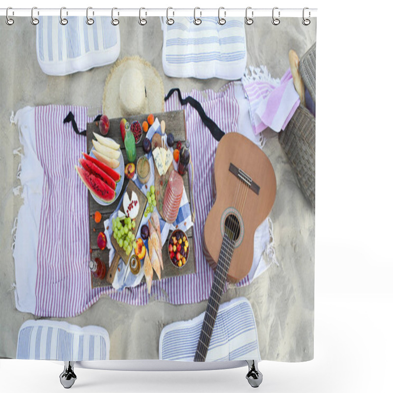 Personality  Picnic On The Beach At Sunset In The Style Of Boho Shower Curtains