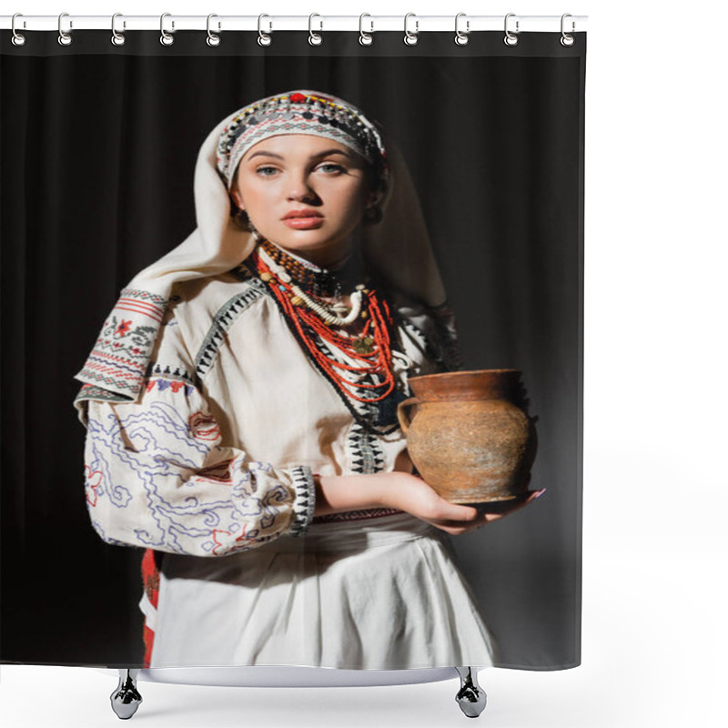 Personality  Portrait Of Young Ukrainian Woman In Traditional Clothing With Ornament Holding Clay Pot On Black Shower Curtains