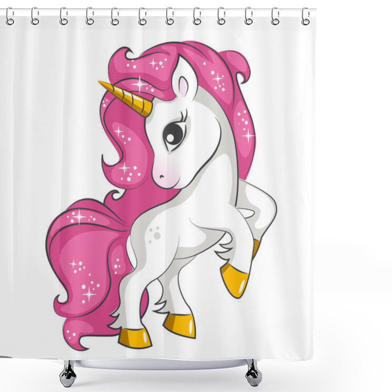 Personality  Cute Little Pink  Magical Unicorn. Vector Design On White Background. Print For T-shirt. Romantic Hand Drawing Illustration For Children. Shower Curtains