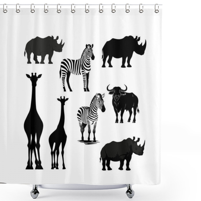 Personality  Silhouettes Of African Wildlife Including Giraffes, Zebras, And Rhinos On A White Background Shower Curtains