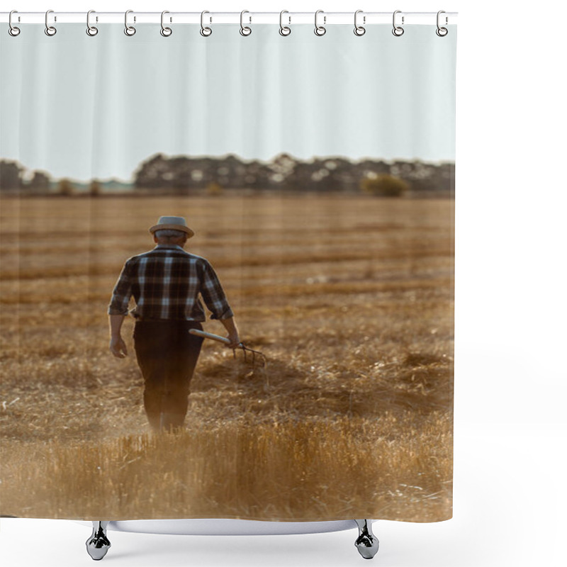 Personality  Back View Of Senior Man In Straw Hat Holding Rake While Walking Wheat Field  Shower Curtains