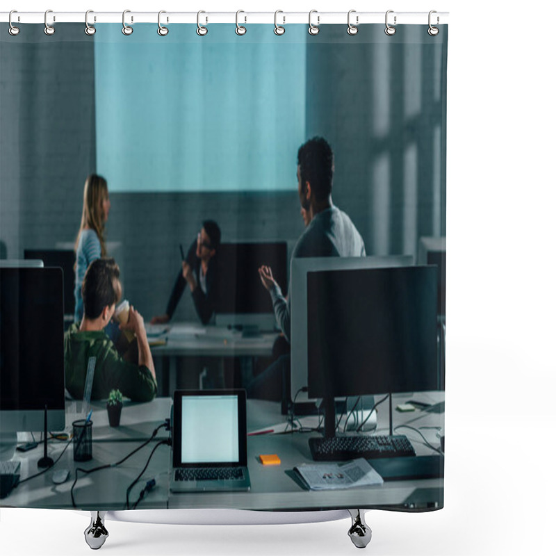 Personality  People Watching Presentation In Office At Nighttime. Blank Screen  Shower Curtains