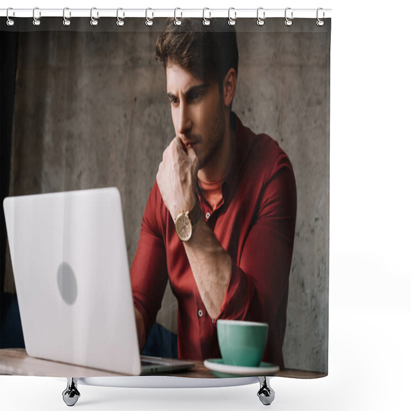 Personality  Thoughtful Young Freelancer Working On Laptop And Drinking Coffee In Coffee Shop Shower Curtains