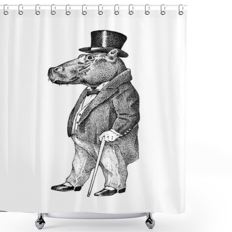 Personality  Fashionable Hippopotamus. Antique Gentleman In A Jacket And A Top Hat. Victorian Ancient Retro Clothing. A Man In A Suit. Vintage Engraving Style. Hand Drawn Old Monochrome Sketch. Shower Curtains