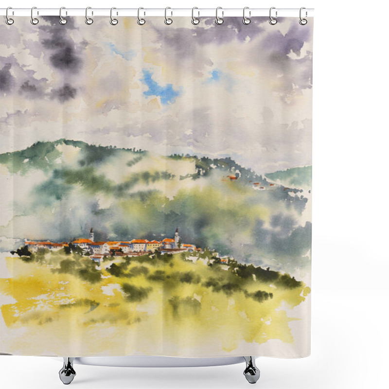 Personality  Aerial View Of Vipavski Kriz Town In The Littoral Region Of Slovenia. Picture Created With Watercolors. Shower Curtains