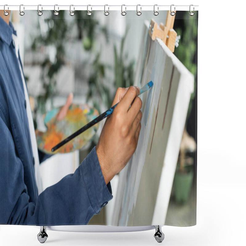 Personality  Cropped View Of African American Artist Painting On Canvas  Shower Curtains