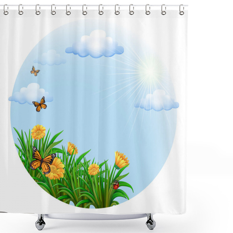 Personality  A Round Template With Blooming Flowers And Butterflies Shower Curtains