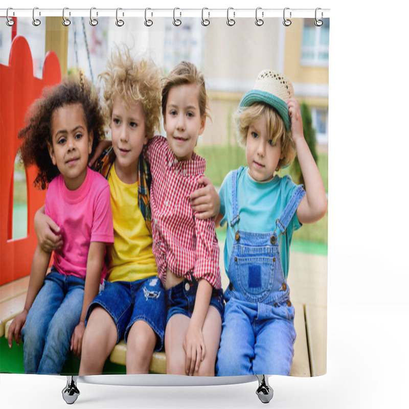 Personality  Adorable Curly Boy Embracing Two Multicultural Children While Other Boy Sitting Near At Playground  Shower Curtains