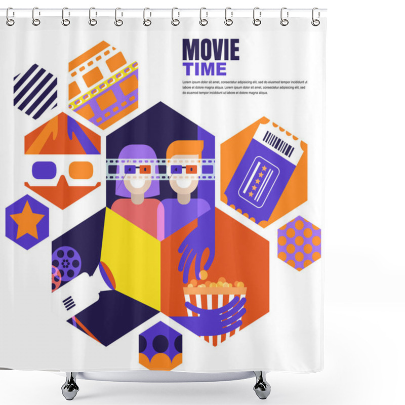 Personality  Movie Time, Date At The Cinema Concept. Vector Design Elements For Cinema Flyer, Poster, Banner, Sale Entrance Ticket. Flat Geometric Hexagons Background. Couple In 3d Glasses, Flat Illustration. Shower Curtains